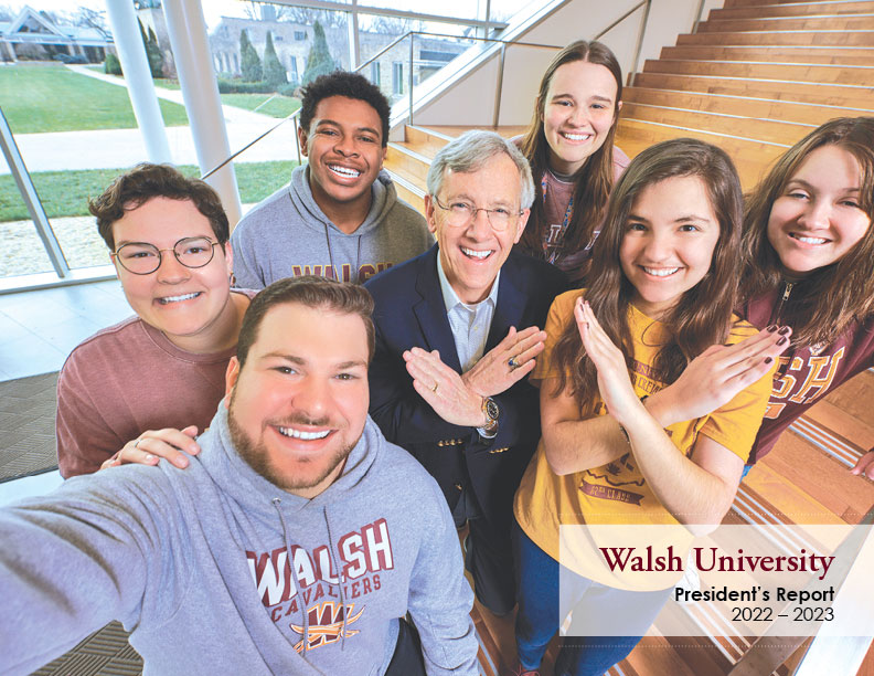 image: Cover of 2022-2023 President's Report featuring President Tim Collins and a group of students