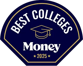 Best Colleges Money logo for 2025, featuring a graduation cap and an award-like design.