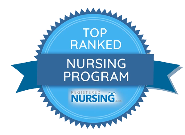 Blue badge with ribbon reading “Top Ranked Nursing Program,” with RegisteredNursing.org logo at the bottom.
