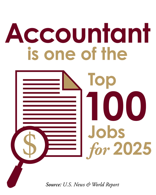 Graphic highlighting "Accountant" as one of the Top 100 Jobs for 2025, featuring a document and a magnifying glass with a dollar sign.