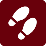 Two white footprints icon on a dark red background.