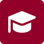 White graduation cap icon on a dark red rounded-square background.