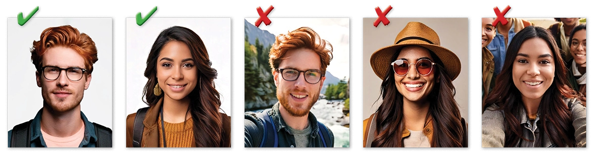 A collage of headshots showcasing correct and incorrect examples of professional photos, featuring a man and woman with different hairstyles and accessories.