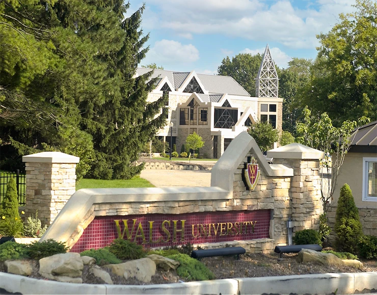 Walsh University sign at the South entrance to campus