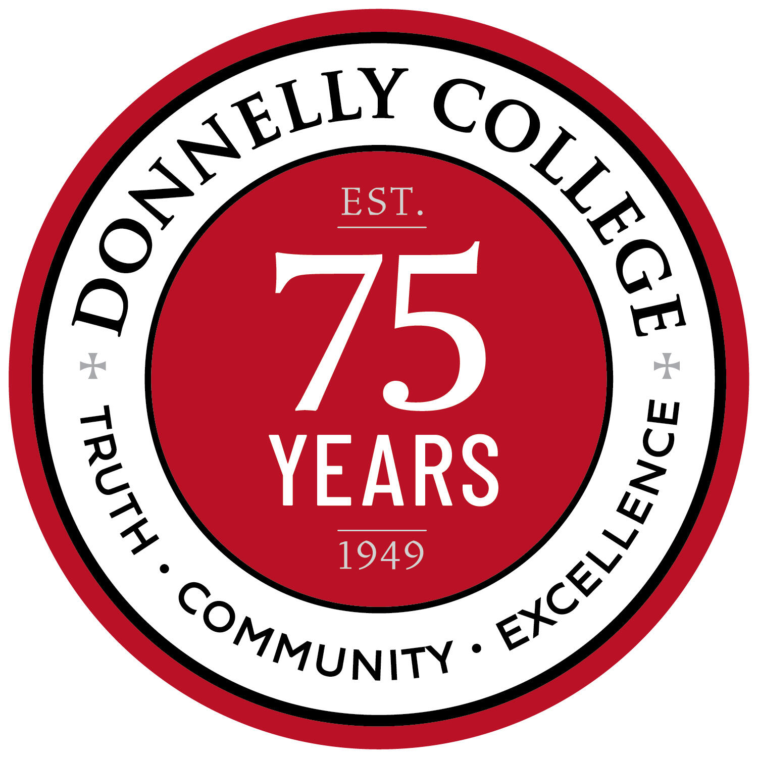 Circular Donnelly College anniversary seal reading "EST. 75 YEARS 1949" with outer text "Donnelly College" and "Truth • Community • Excellence.".