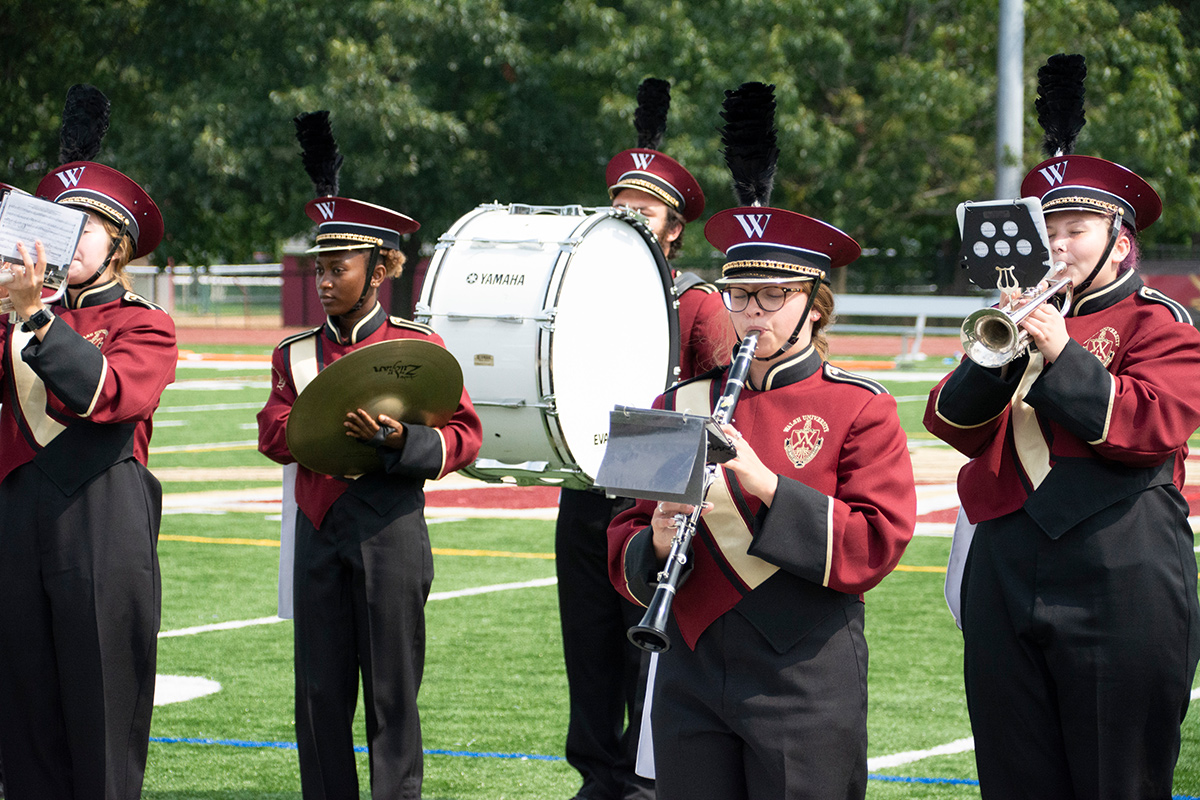 Marching band members in uniform