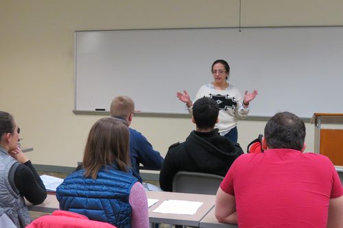 Emma Coleman '10 discusses her pharmacy career with students in Biochemistry